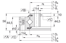 交叉滾子軸承 XSU140744, 標準系列 14， 無齒輪齒，兩側唇密封