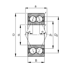 角接觸球軸承 3003-B-2RSR-TVH, 雙列，雙側唇密封，接觸角 α = 25°